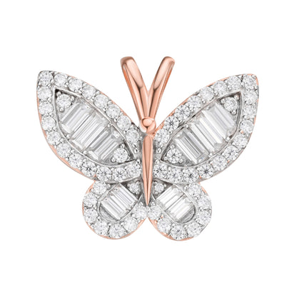 Sterling silver moissanite butterfly pendant with sparkling details and rose gold accents