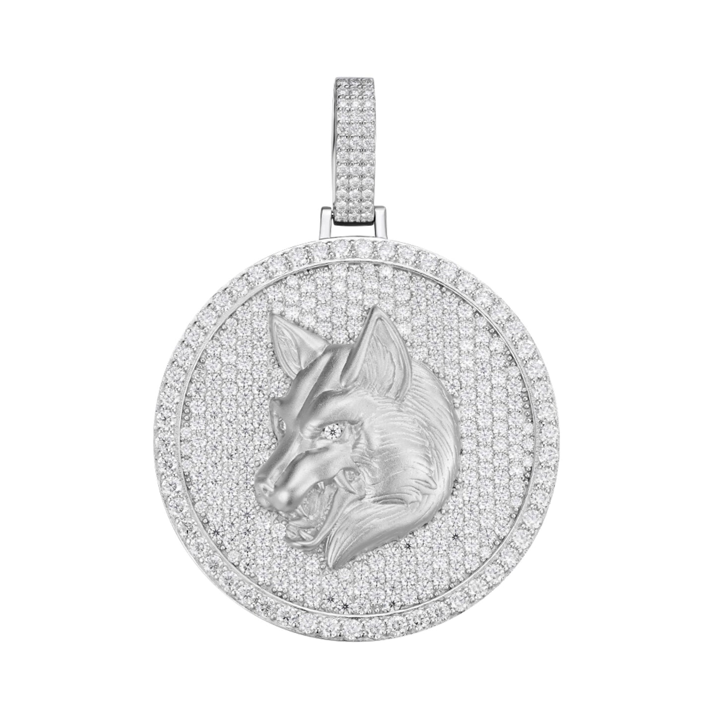Sterling Silver Round Moissanite Wolf Animal Pendant RP 10-7/8 Cttw