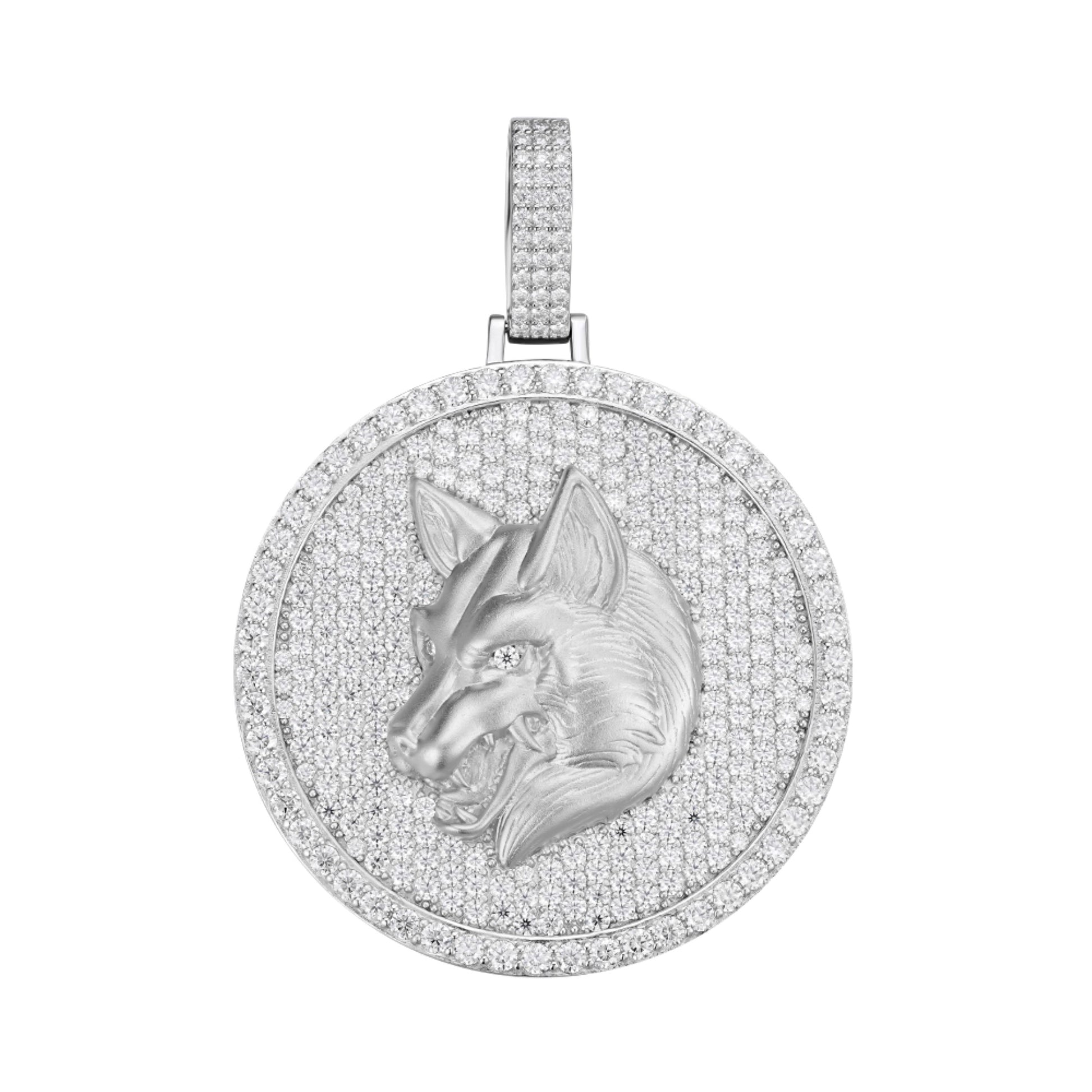 Sterling Silver Round Moissanite Wolf Animal Pendant Rhodium Plated 10-7/8 CT