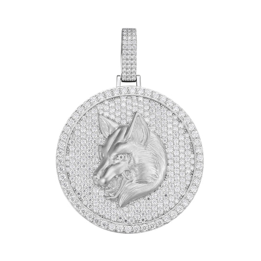 Sterling Silver Round Moissanite Wolf Animal Pendant Rhodium Plated 10-7/8 CT