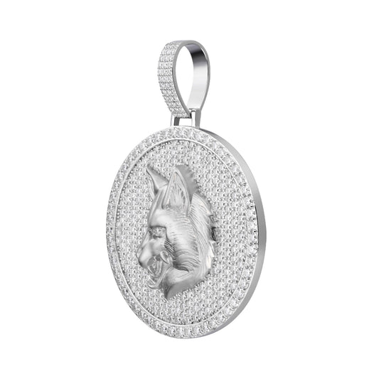 Sterling Silver Round Moissanite Wolf Animal Pendant RP 10-7/8 Cttw
