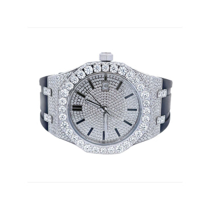 Moissanite Stainless Steel Watch Black Rubber Band 15-3/4 Cttw