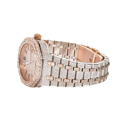 Elegant moissanite stainless steel watch with a rose gold finish and a diamond-studded bezel