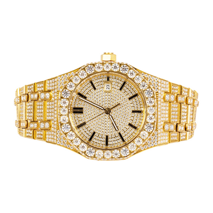 Royal Jewelry and Watches Moissanite mens gold watch with a diamond-studded bezel and intricate design