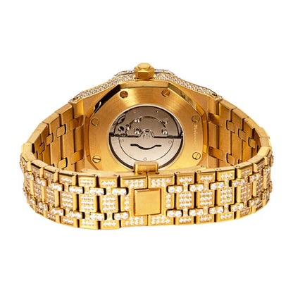 Luxury moissanite mens gold watch with a stunning gold bracelet and intricate detailing on the back