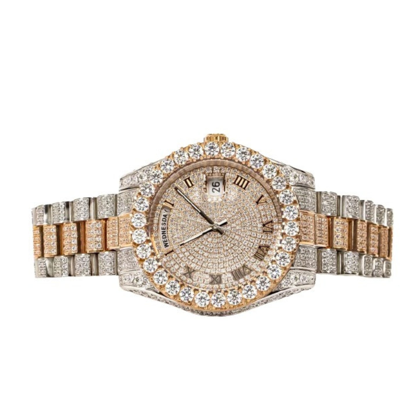 Moissanite Stainless Steel Rose Two Tone Band Mens Watch 17-1/3 Cttw