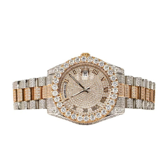 Moissanite Stainless Steel Rose Two Tone Band Mens Watch 17-1/3 Cttw