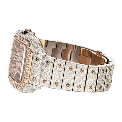 Moissanite Stainless Steel Rose Two Tone Band Mens Watch 20-1/5 Cttw