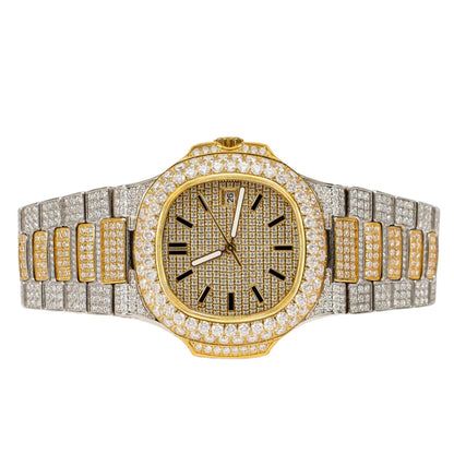 Moissanite Stainless Steel Yellow Two Tone Band Mens Watch 18-1/3 Cttw