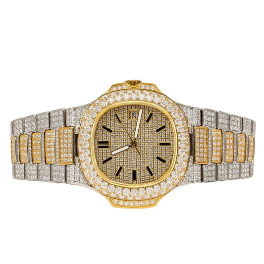 Moissanite Stainless Steel Yellow Two Tone Band Mens Watch 18-1/3 Cttw