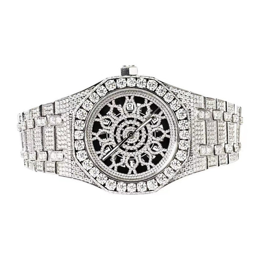 Moissanite Stainless Steel Skeleton Dial White Band Mens Watch