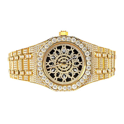 Moissanite Stainless Steel Skeleton Dial Yellow Band  Mens Watch