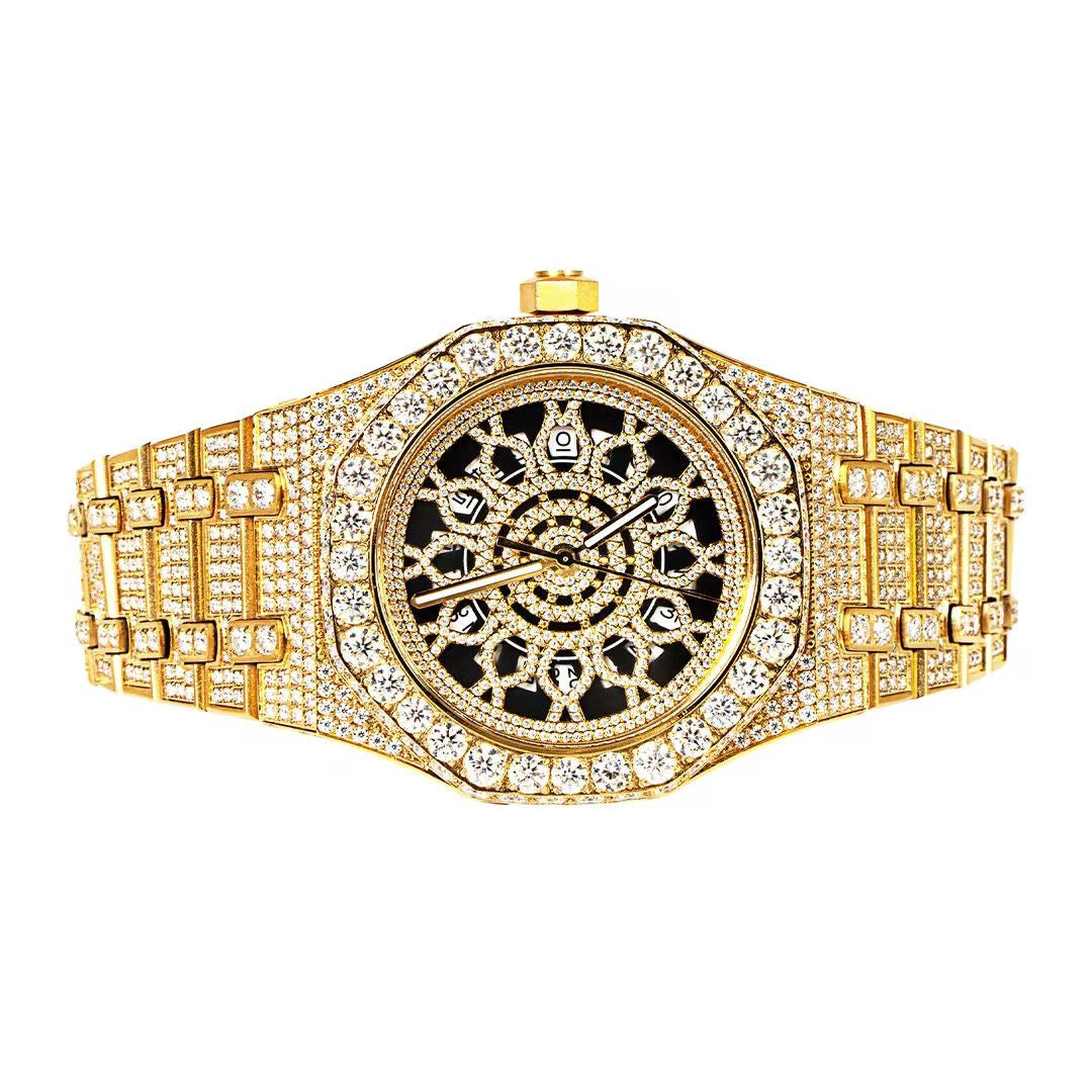 Moissanite Stainless Steel Skeleton Dial Yellow Band  Mens Watch