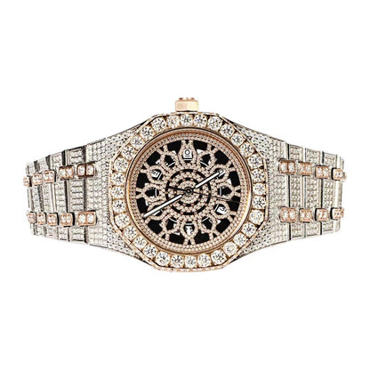 Royal Jewelry and Watches Moissanite mens watch with a stunning diamond-encrusted design and black dial