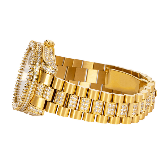 Moissanite Stainless Steel Mens Yellow Steel Band Watch