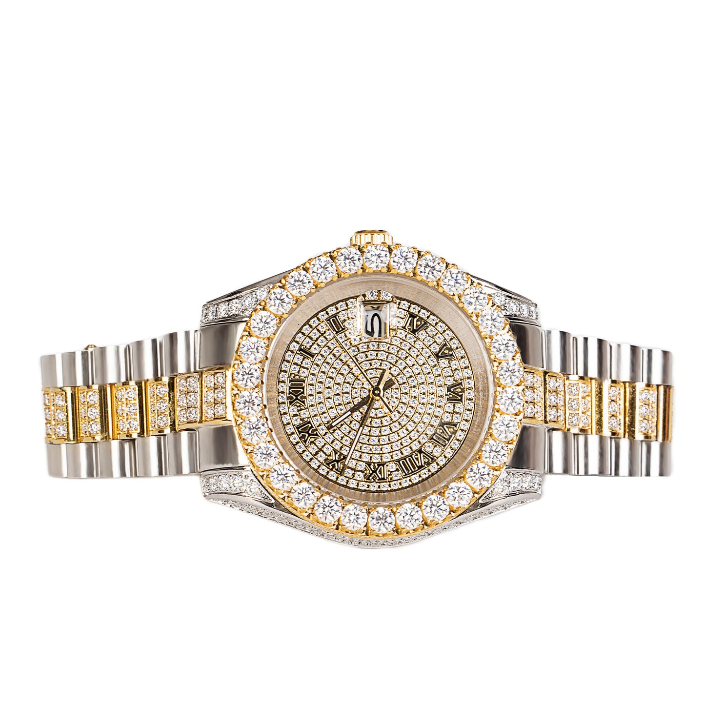 Moissanite Stainless Steel Mens Yellow White Two Tone Steel Band Watch