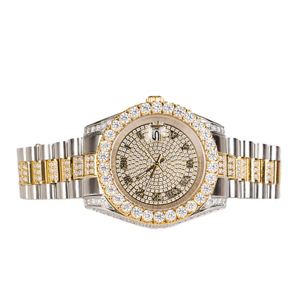 Moissanite Stainless Steel Mens Yellow White Two Tone Steel Band Watch