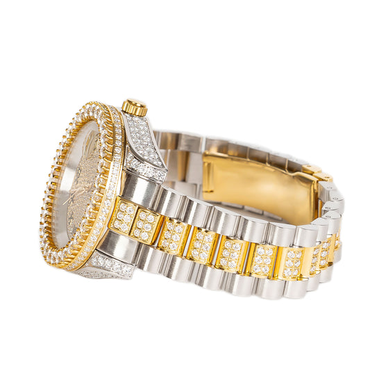 Mens moissanite two tone watch with a diamond-encrusted bezel and a stylish silver and gold bracelet