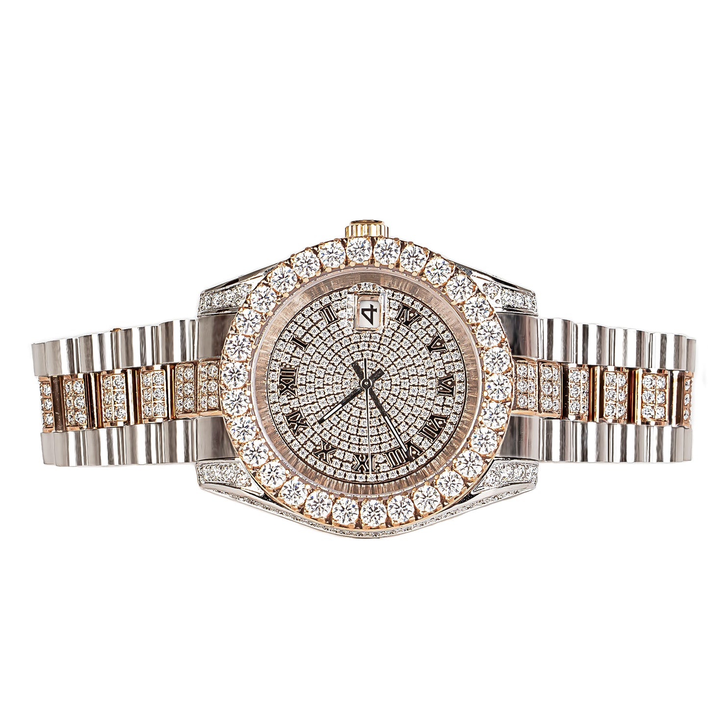 Moissanite Stainless Steel Mens Rose White Two Tone Steel Band Watch
