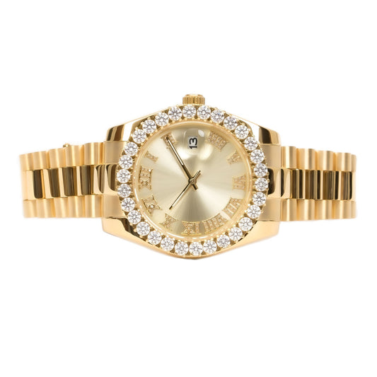 Moissanite Stainless Steel Gold Dial Mens Yellow Steel Band Watch