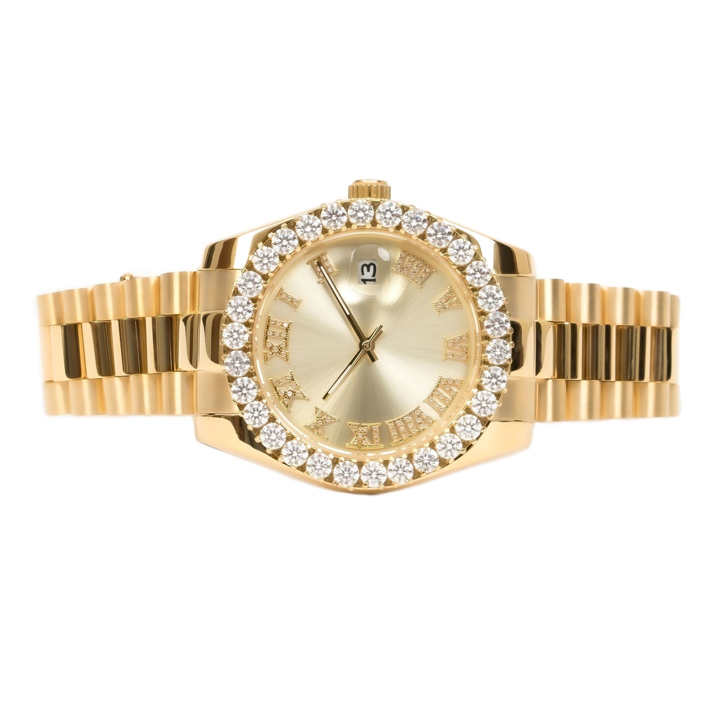 Moissanite Stainless Steel Gold Dial Mens Yellow Steel Band Watch