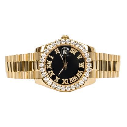 Moissanite Stainless Steel Black Dial Mens Yellow Steel Band Watch