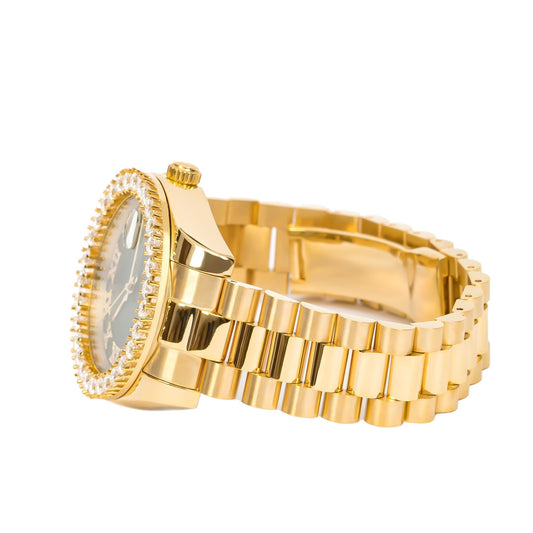 Moissanite Stainless Steel Green Dial Mens Yellow Steel Band Watch