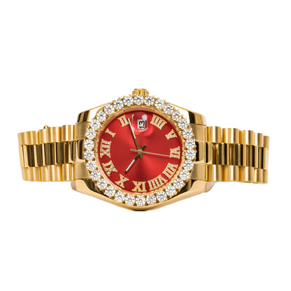 Royal Jewelry and Watches Moissanite mens yellow steel watch with red dial and sparkling gem accents