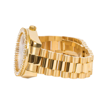 Moissanite mens yellow steel watch with a sleek gold-tone bracelet and sparkling bezel