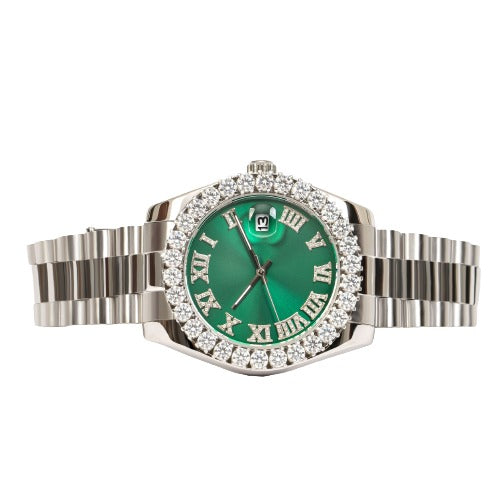 Moissanite Stainless Steel Green Dial Mens White Steel Band Watch