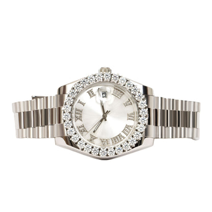 Elegant moissanite men's watch with Roman numerals and a sparkling crystal bezel