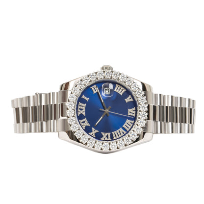 Moissanite Stainless Steel Blue Dial Mens White Steel Band Watch