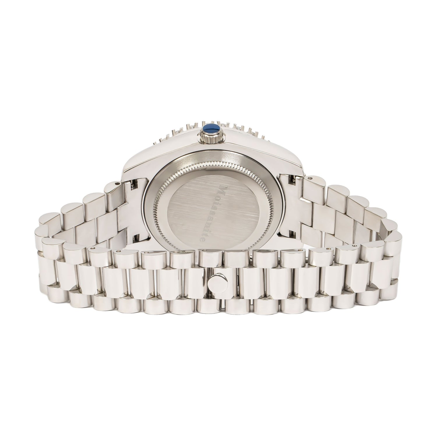 Moissanite Stainless Steel Blue Dial Mens White Steel Band Watch