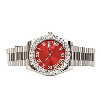 Moissanite Stainless Steel Red Dial Mens White Steel Band Watch