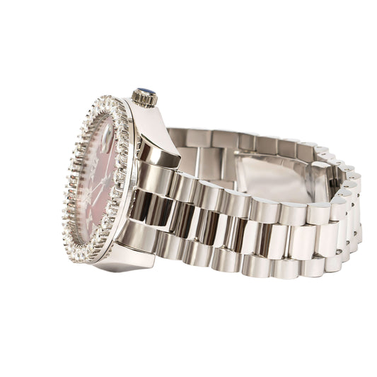 Moissanite Stainless Steel Red Dial Mens White Steel Band Watch