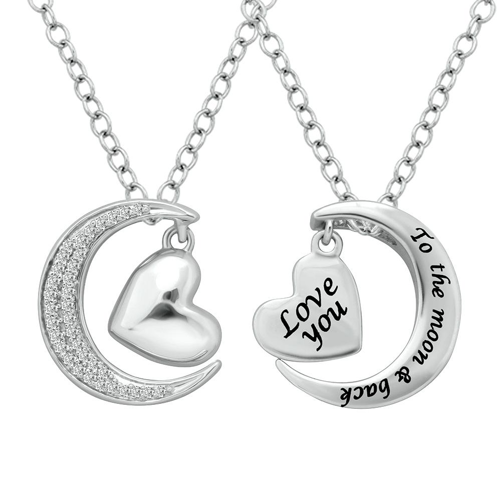 Sterling Silver 1/8 CT Diamond Heart  & Moon Pendant