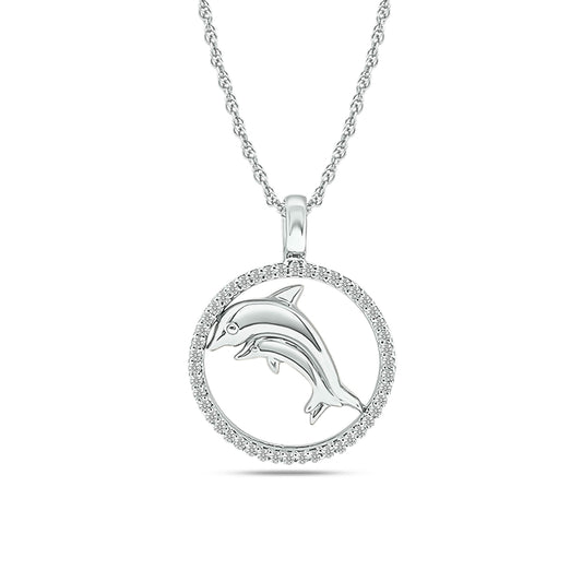Diamond Sea Of life Dolphin Pendant 1/8 CT in Sterling Silver