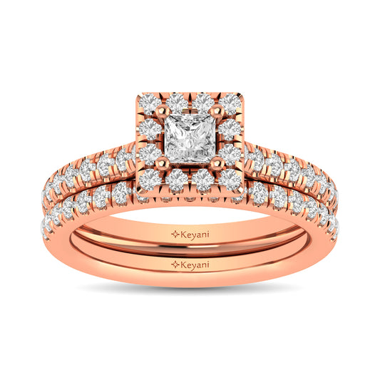 Diamond Classic Shank Single Halo Bridal Ring 1 CT Princess Cut in 14K Rose Gold