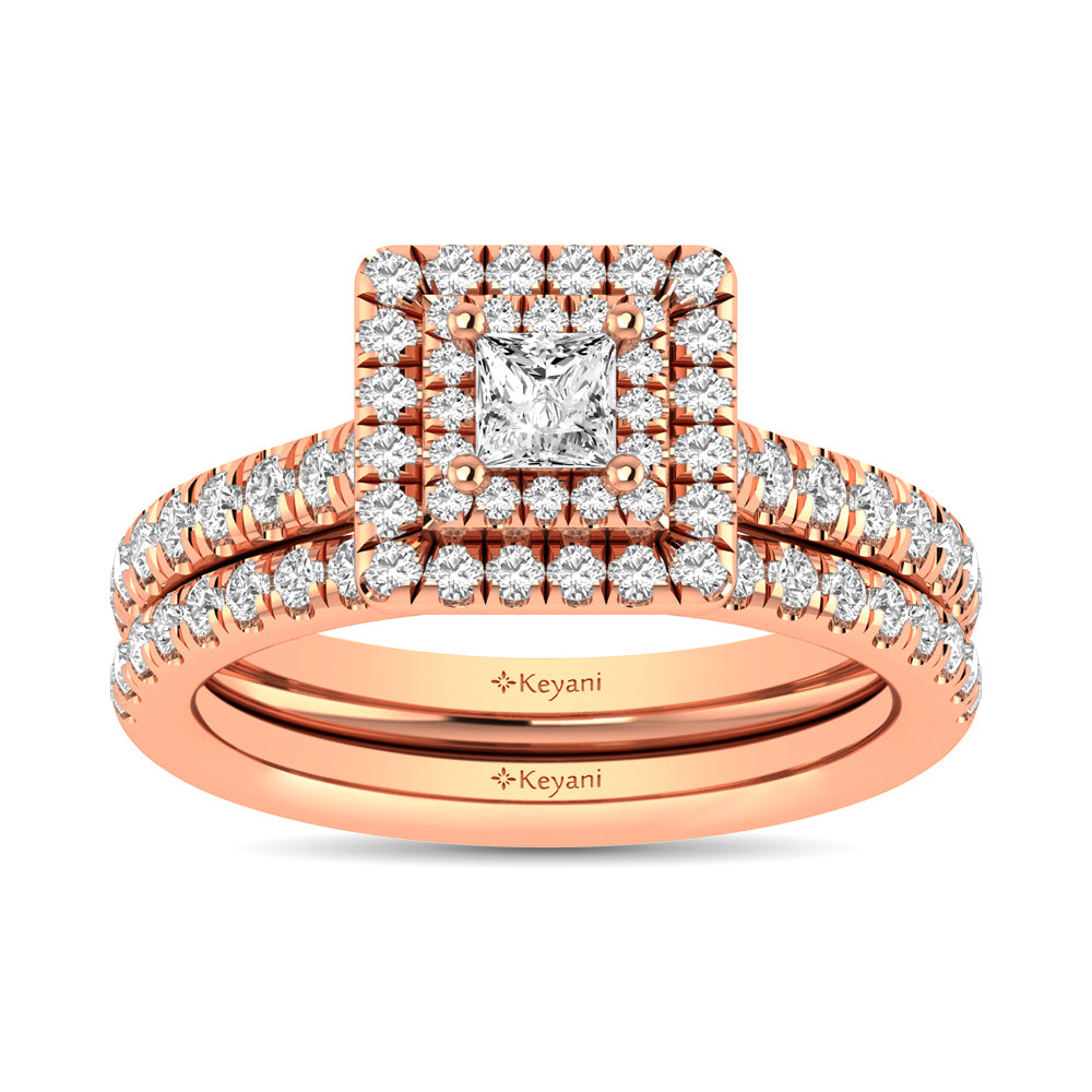 Diamond Classic Shank Double Halo Bridal Ring 1 CT Princess Cut in 14K Rose Gold
