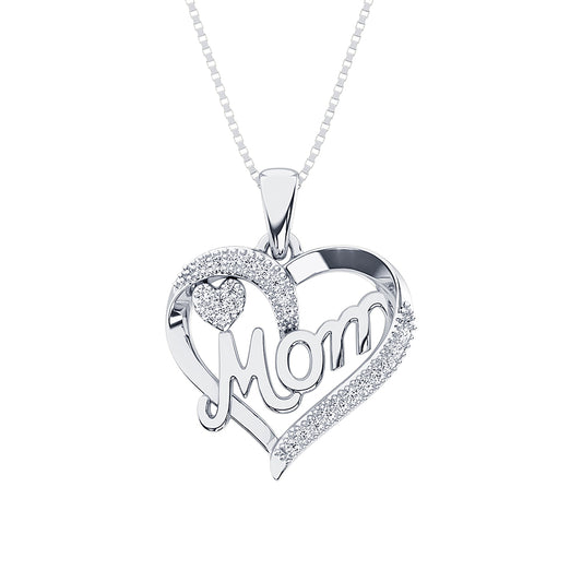 Sterling Silver 1/20 CT Diamond Heart MOM Pendant