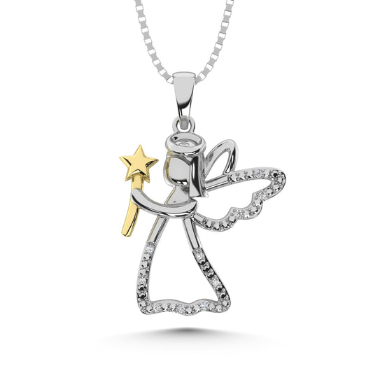 Diamond Accent Fairy Pendant in Sterling Silver and 10K Yellow Gold 1/50 cts