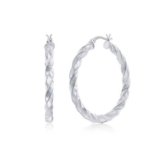 Sterling Silver, Polished & Satin 30mm Twisted Hoops