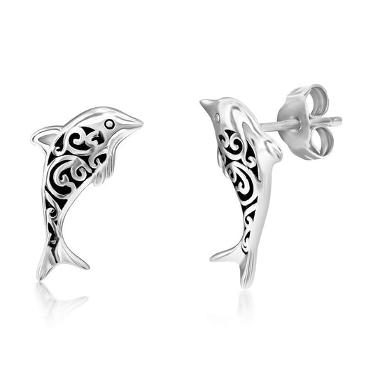 Sterling Silver, Oxidized Dolphin Studs