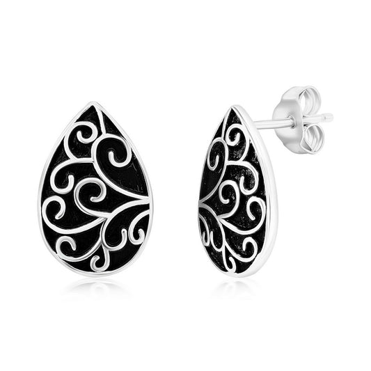 Sterling Silver, Oxidized Pearshaped Filigree Design Stud Earrings