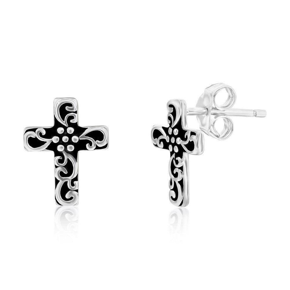 Sterling Silver, Oxidized Cross Studs