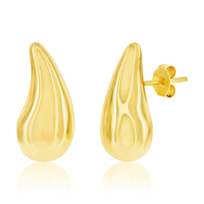 Sterling Silver, Polished Curved Puffed Teardrop Earrings - Gold Plated