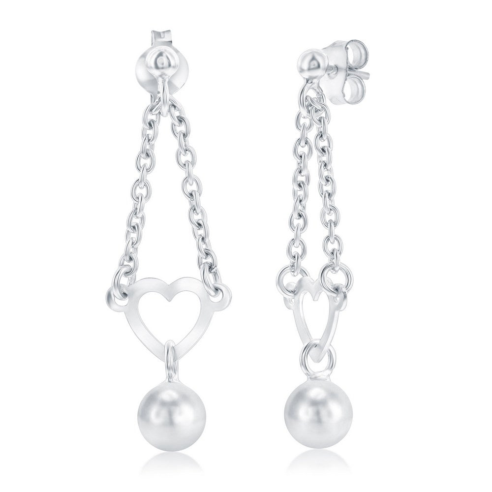 Sterling Silver, Heart w/Bead Charm, Chain Design Earrings