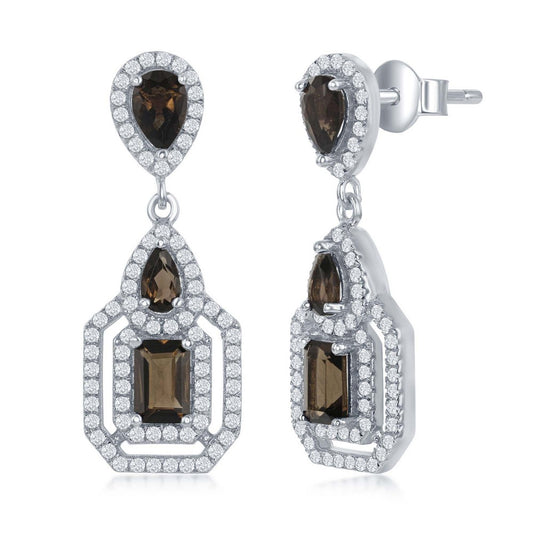 Classic Of New York sterling silver smokey quartz earrings with intricate geometric design and sparkling accents