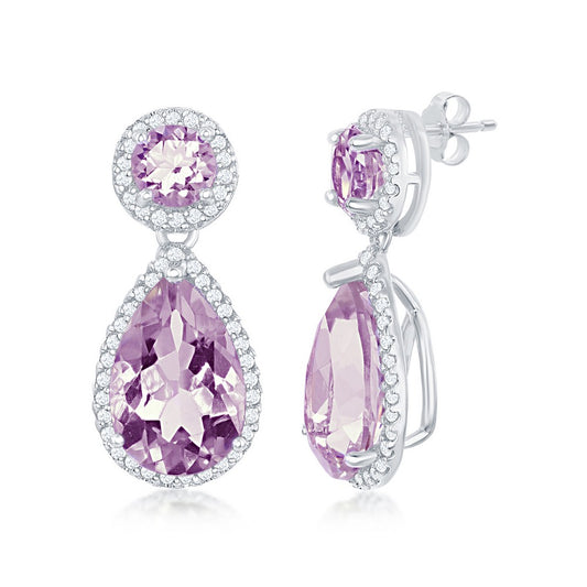 Classic Of New York sterling silver amethyst earrings with pear and round cut gemstones surrounded by sparkly accents
