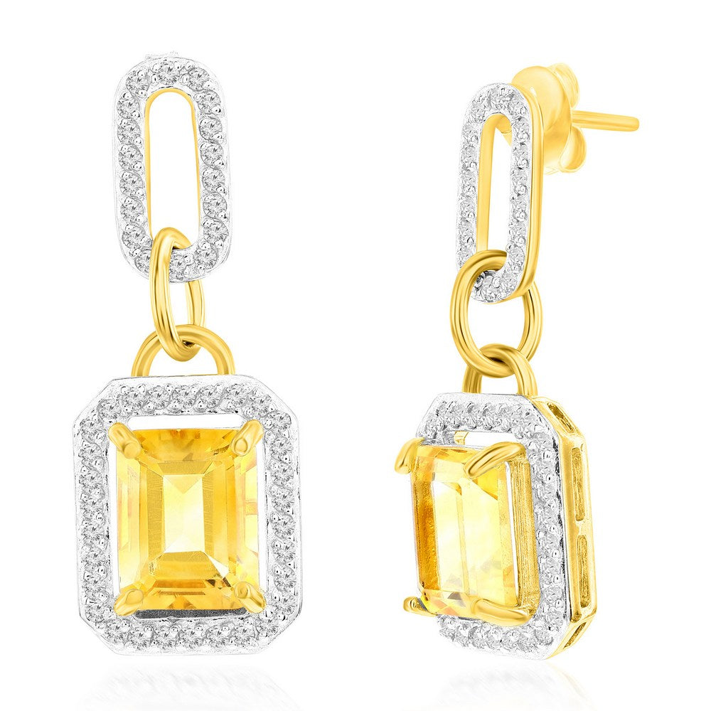 Gold plated citrine dangle earrings with sparkling cubic zirconia accents for elegant style